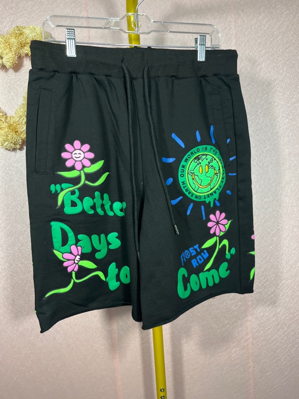 First Row - Men's Black Athletic Shorts with Green & Pink Floral Graphics - NWT